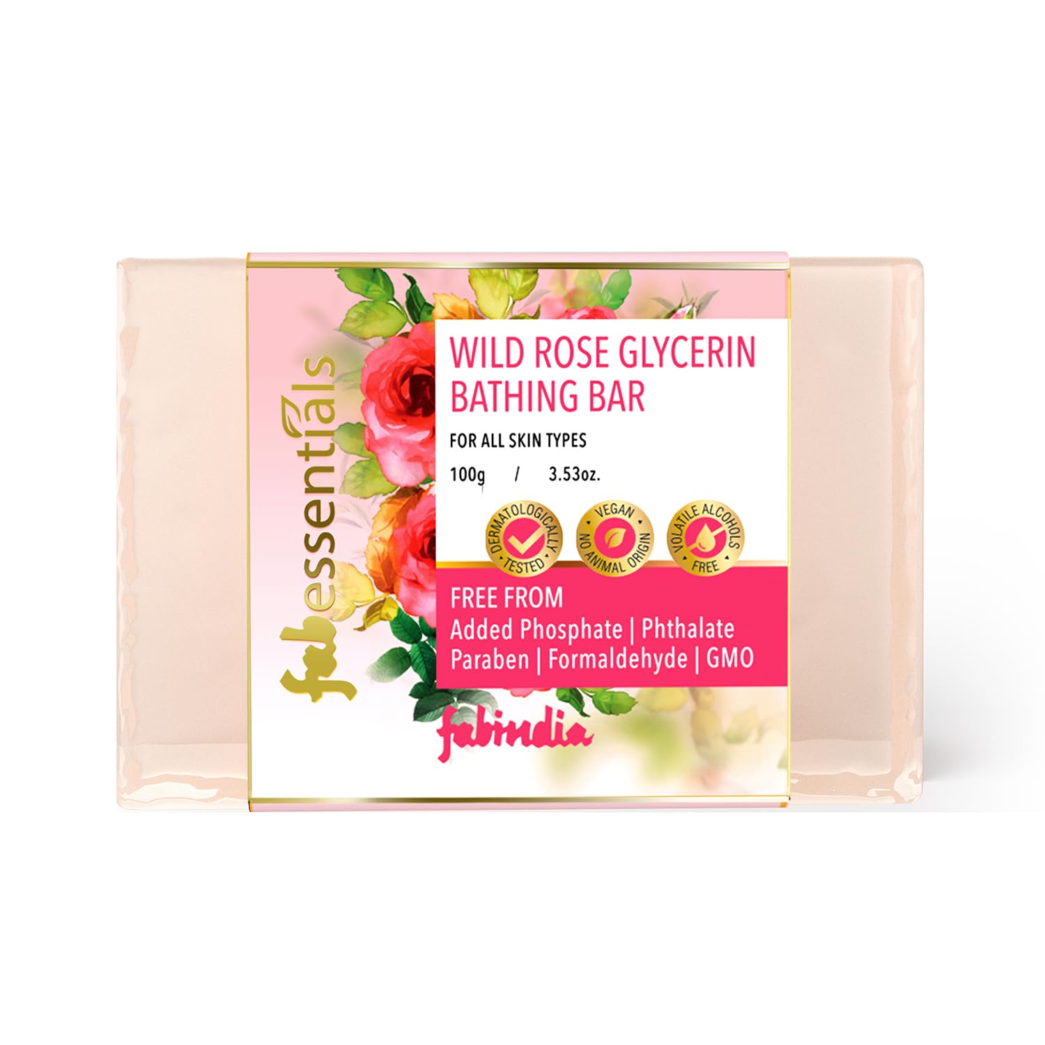 8x Fabessentials Wild Rose Glycerin Bathing Bar | with Castor Oil & Aloe Vera | for Refreshing, Nourishing and Cleansing Skin | Vegan & Toxin Free - 100 gm Pack of 8
