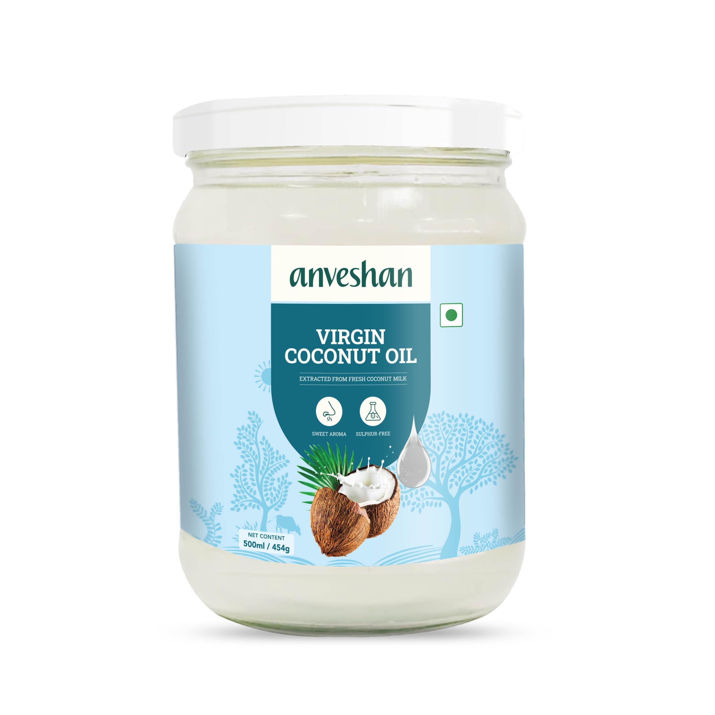 Anveshan Cold Pressed Virgin Coconut Oil 500ML | Glass Jar | Virgin Coconut Oil for Cooking | Virgin Coconut oil for massage | 100% Pure, Natural,Chemical-Free & Edible Coconut Oil | For Cooking, Skin & Hair Health, Oil Pulling