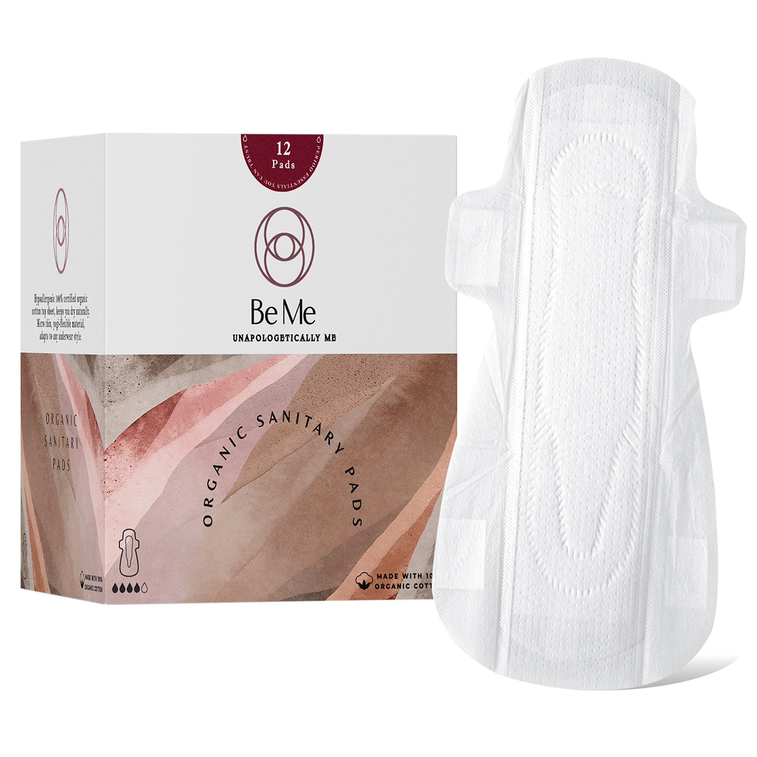 Be Me - 12 Sanitary Pads For Women, Rash Free, Ultra-Thin, Leak Proof, Biodegradable, Certified Napkins, LARGE for Medium Flow (Pack of 12) With White Disposable Pouch