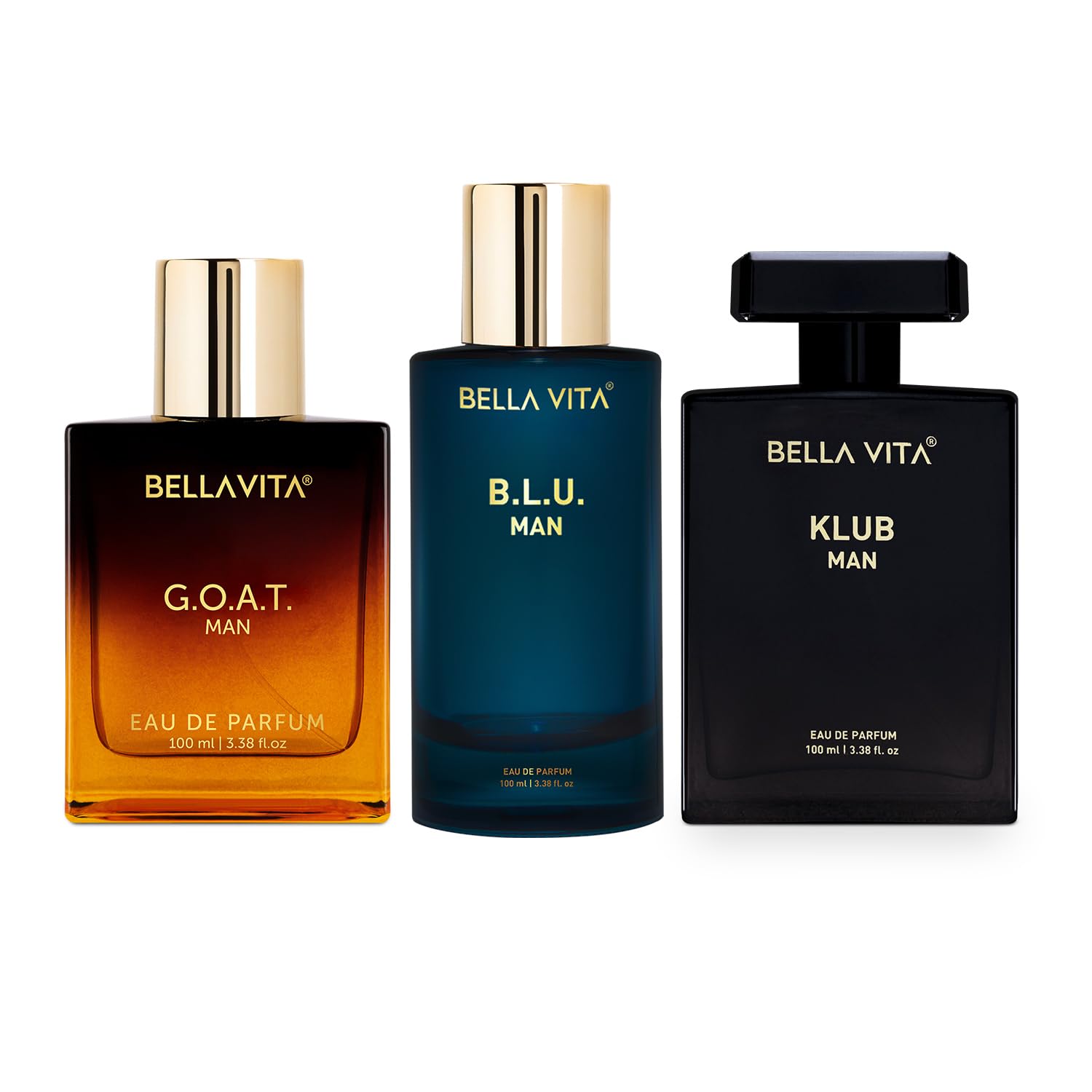 Bella Vita Luxury Men Best Of Liquid Perfumes Combo, Pack Of 3 Premium Long Lasting Edp Fragrance Aquatic Scents - G.O.A.T, B.L.U, Klub, 100 Ml Each