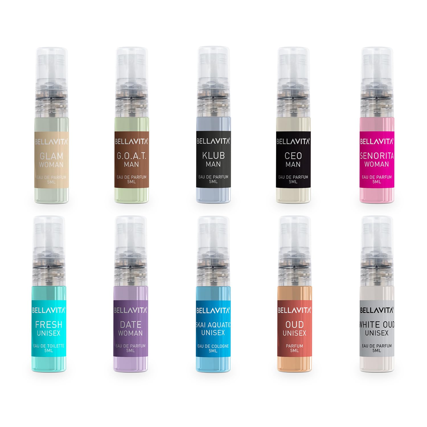 Bella Vita Luxury Trial Pack of 10 x 5ml Pocket Perfumes for Men Women Unisex Fragrance Mix of EDP, EDT & EDC Long Lasting Perfume Sweet, Floral, Woody, Musky & Spicy