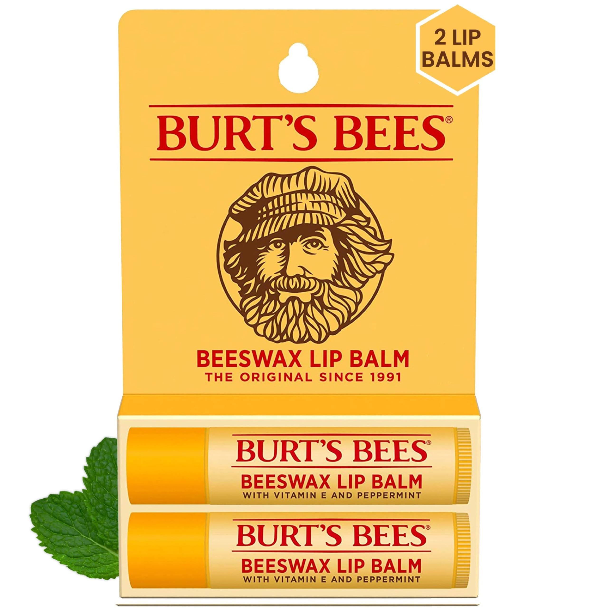 Burt's Bees 100% Natural Moisturizing Lip Balm, Original Beeswax with Vitamin E & Peppermint Oil - 2 Tubes