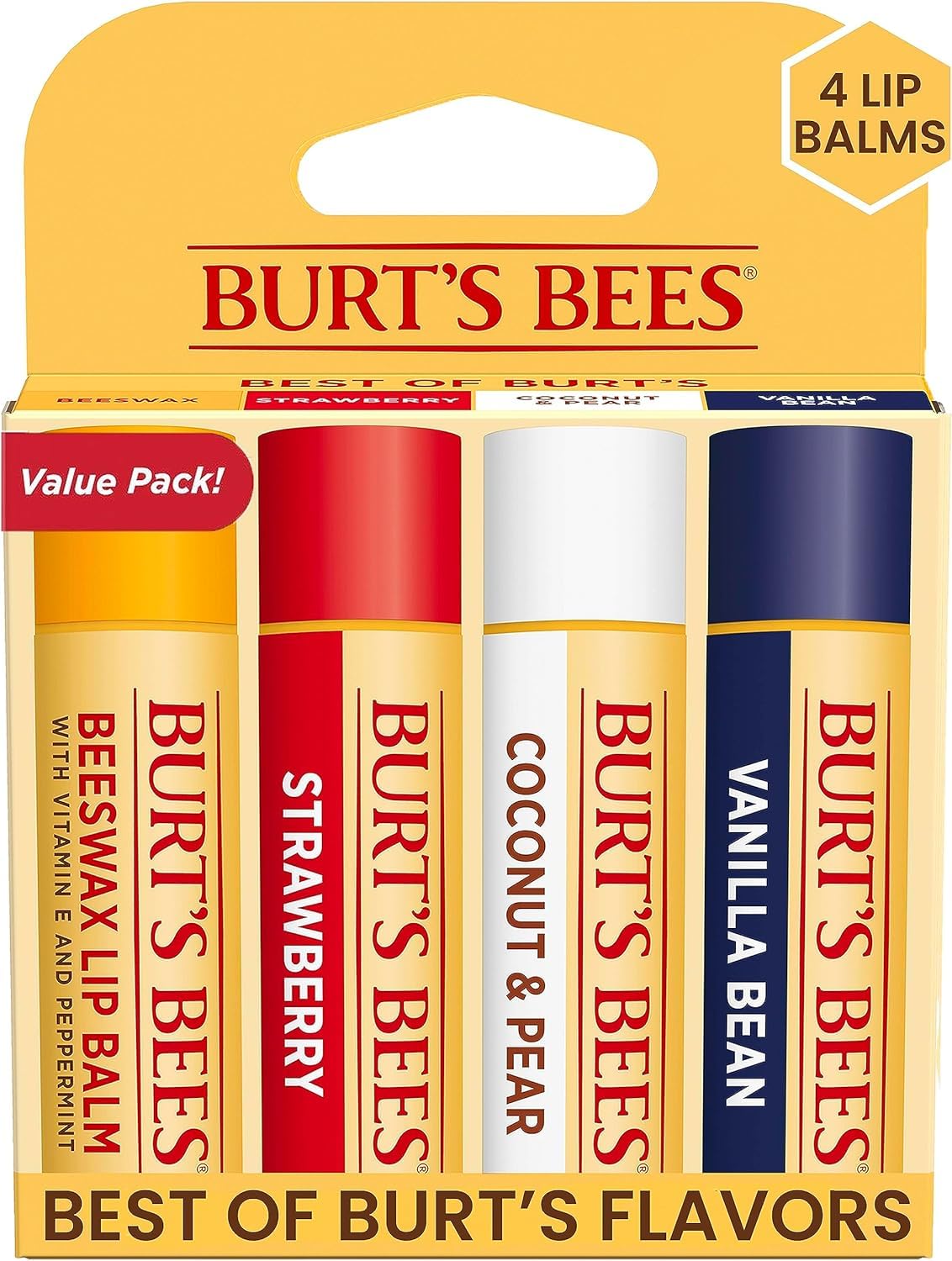 Burt's Bees Natural Moisturizing Lip Balm (Original Beeswax, Strawberry, Coconut & Pear & Vanilla Bean) With Beeswax & Fruit Extracts (Pack Of 4)
