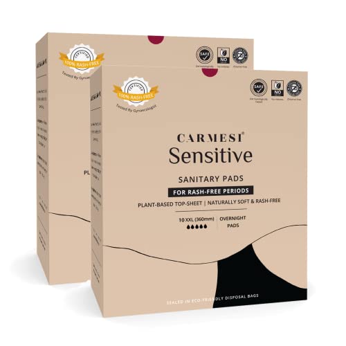 Carmesi Sensitive Sanitary Pads - 20 Pads (Xxl) - Certified 100% Rash-Free By Gynecologist - Natural Plant Top Sheet - No Fragrance, No Chlorine - With Disposal Bags, Pack of 1