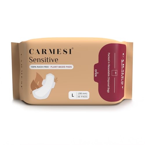 Carmesi Sensitive Sanitary Pads - Pack of 30 Pads (Large) - Certified 100% Rash-Free by Gynecologist - Natural Plant Top Sheet - No Fragrance, No Chlorine - With Disposal Bags