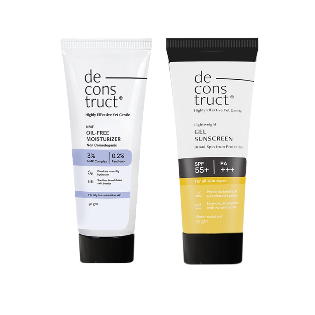 Deconstruct Hydration & Defense Combo: Oil-Free Moisturizer & No White Cast SPF 55+ | Get Glowing Skin with Sun Protection | No White Cast & Lightweight | Pack of 2