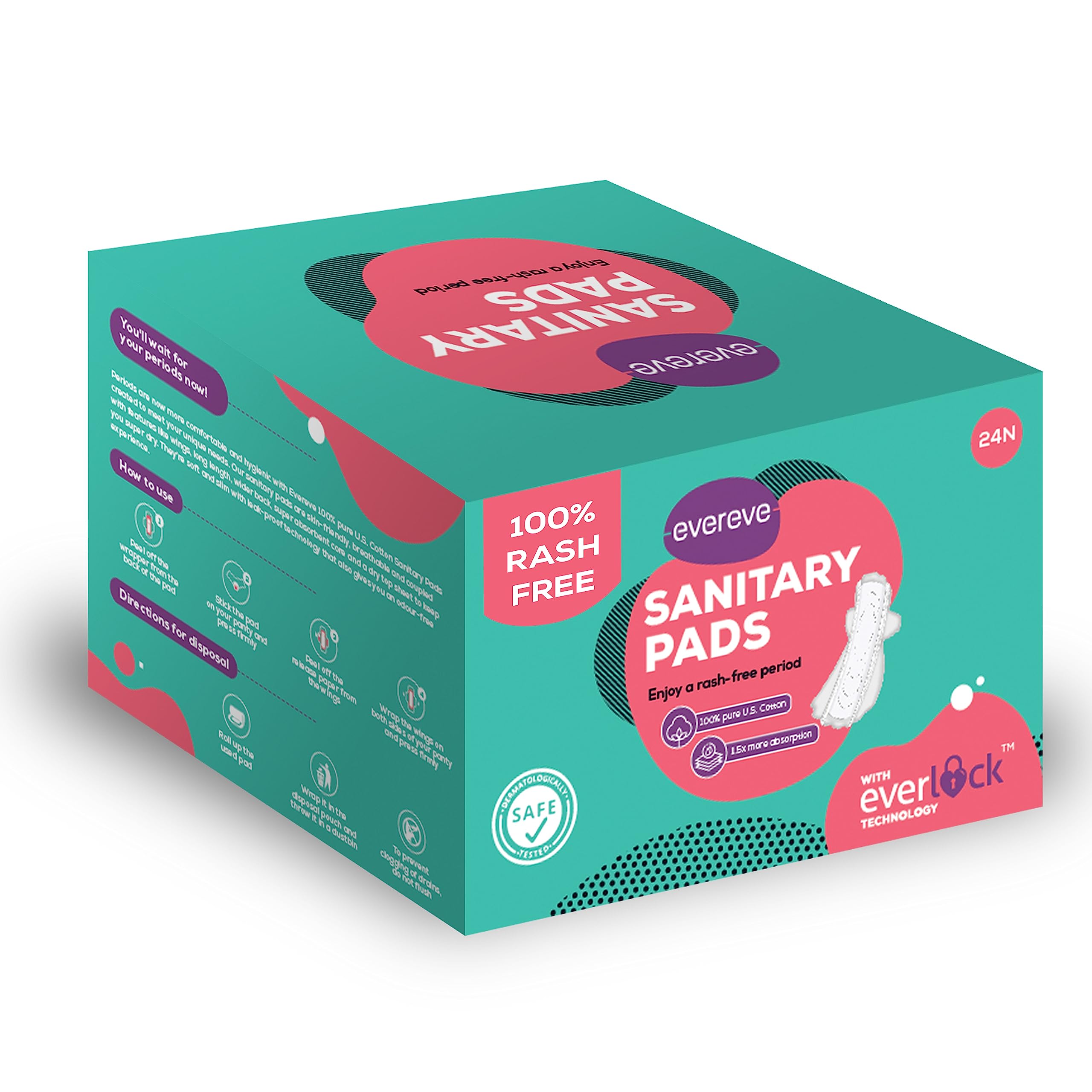 Evereve 100% US Cotton Ultra thin Rash Free Sanitary Pads, 24 Pads, Heavy Flow-XXL, Unscented, Leakproof, Zero Toxin, 50% Wider Back, Dermatologically Tested, Individual Disposal Bags