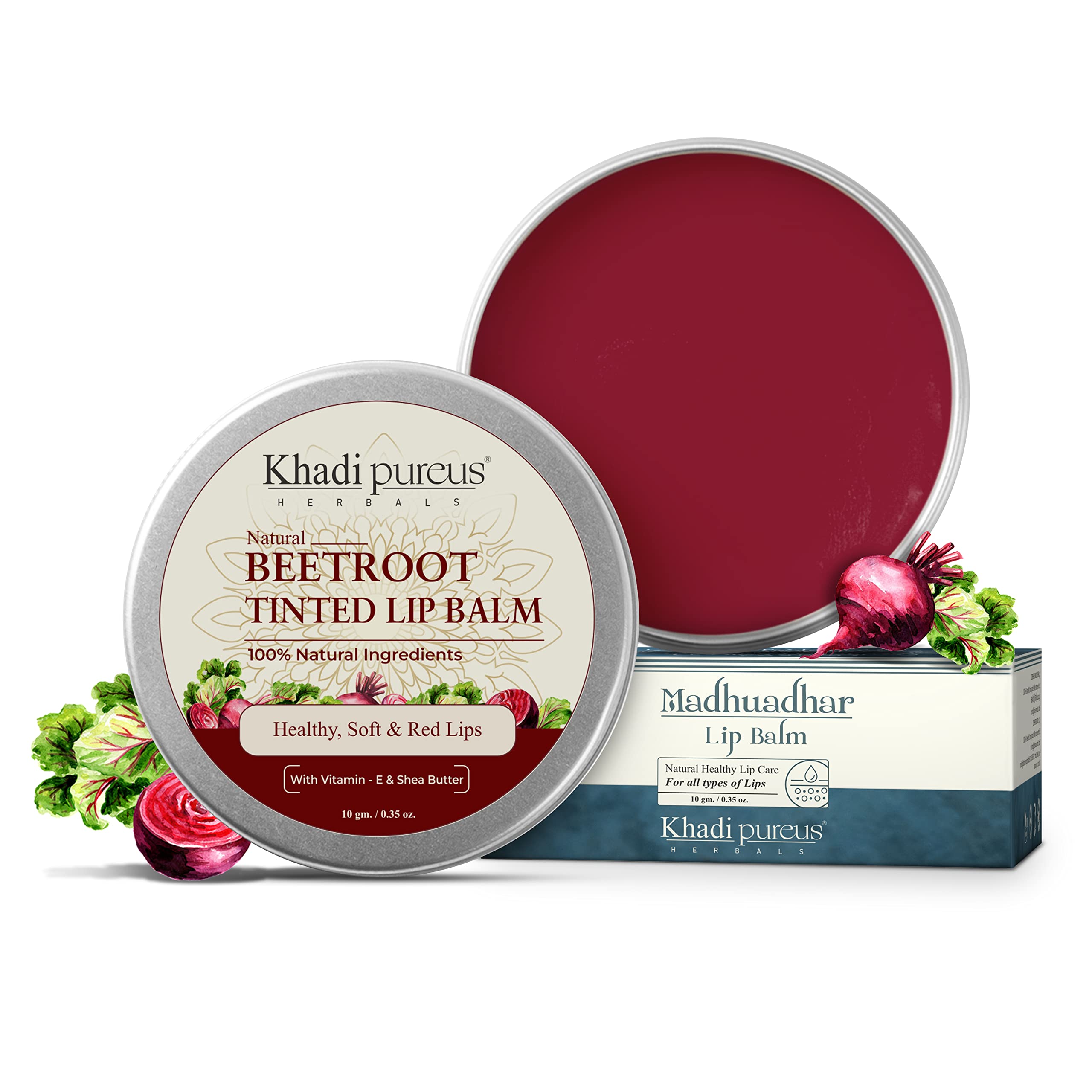 Khadi Pureus Herbals Madhuadhar Beetroot Tinted Lip Balm for dark lips to lighten, Pigmented, Dry, Chapped & Healthy Lips with Vitamin E & Shea Butter | Natural Lip & Cheek Tint for Red Glossy, Soft, Smooth & Moisturised Lips & Cheek | Women & Men (10 gm.