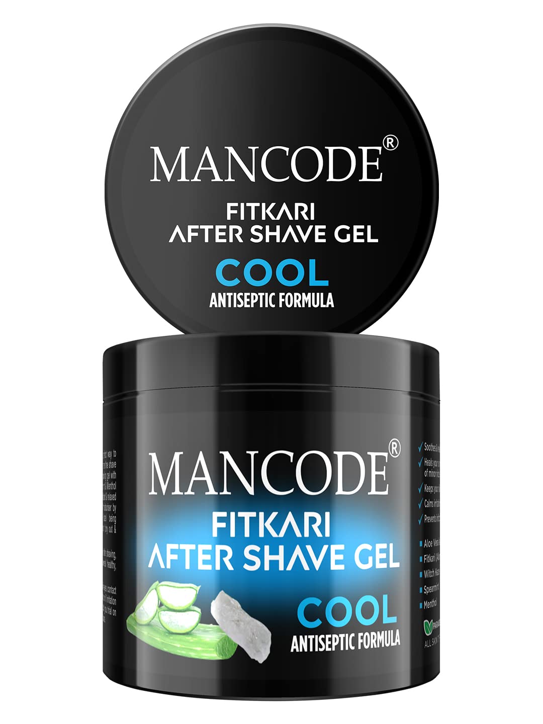 Mancode Fitkari After Shave Gel Cool for Men | Post Shave Gel | Treats Aftershave Cuts; Wounds; Razor Burn | Skin Irritation | Refreshing Aqua Fragrance | Alcohol Free After Shave 100gm (Pack of 1)