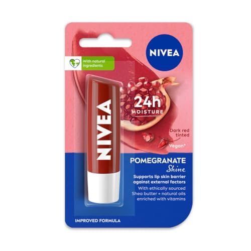 NIVEA Lip Balm, Pomegranate Shine, 24h Moisture with Natural Oils, Dark Red Shine & Pomegrenate Aroma, 4.8 g