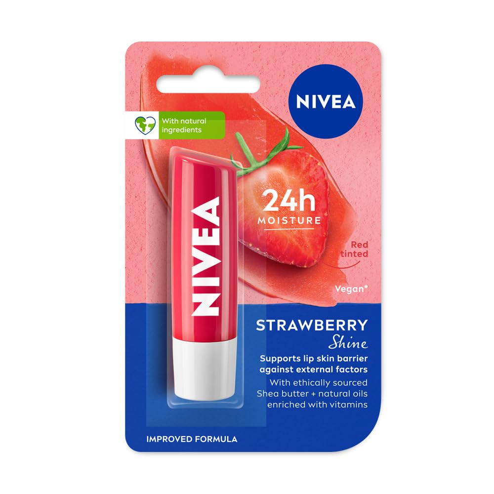 NIVEA Lip Balm, Strawberry Shine, 24h Moisture with Natural Oils, Reddish Shine & Strawberry Aroma, 4.8 g