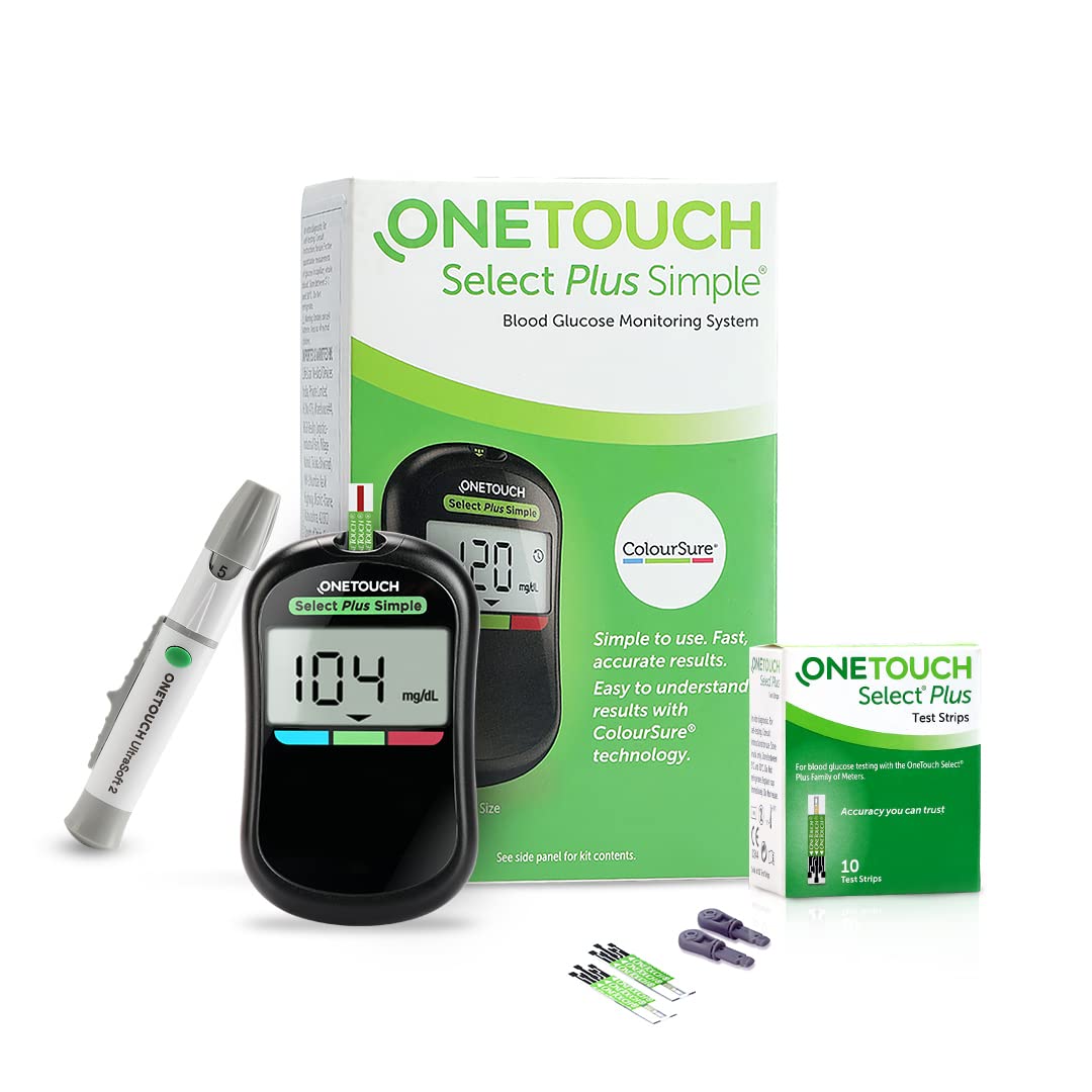 Onetouch Select Plus Simple Glucometer Machine - FREE 10 Test Strips + 10 Sterile Lancets + 1 Lancing device