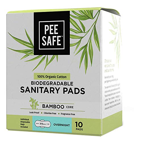 PEESAFE Organic Cotton Biodegradable Sanitary Pads, Overnight | Anti-Bacterial | Superb Absorbency | Long Lasting Protection | Skin Friendly | Comfortable & Easy To Use | Pack of 10