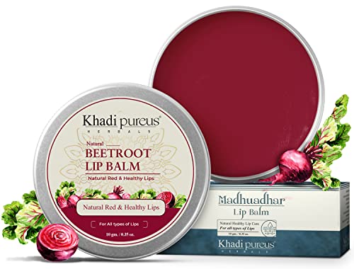 PUREUS Khadi Herbals Madhuadhar Beetroot Lip Balm for dark lips to lighten, Pigmented, Dry & Chapped Lips with Shea Butter & Vitamin E | Natural Lip Moisturizer | Women's & Men's (10 gm)
