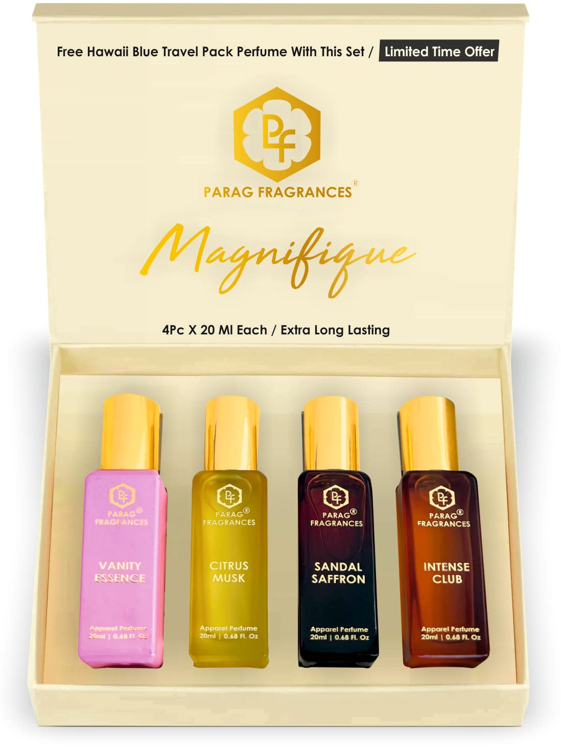 Parag Fragrances Magnifique Perfume Gift Set For Men & Women/Set of 4 Pc of 20ml Each/Total 80ml  - (Vanity, Citrus Musk, Sandal-Saffron, Intense Club)