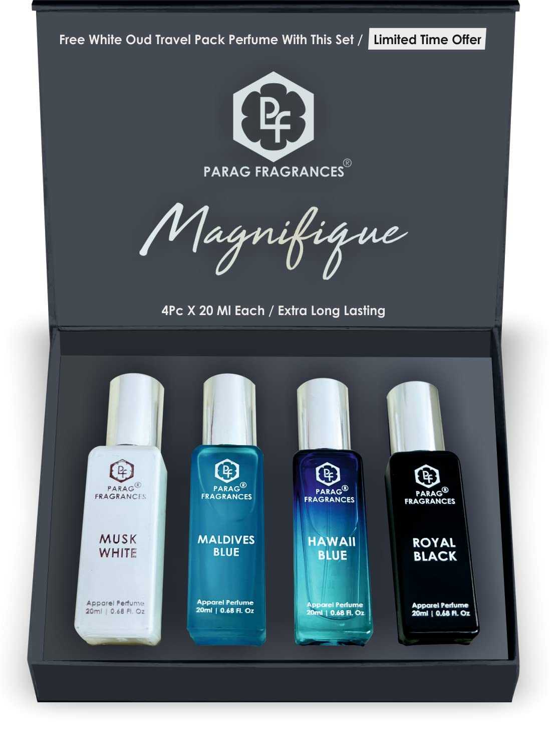 Parag Fragrances Magnifique Perfume Gift Set/Long Lasting Perfumes For Men & Women/Set of 4 Pc of 20ml Each/Total 80ml (Musk White, Maldives Blue, Hawai Blue, Black Royal)