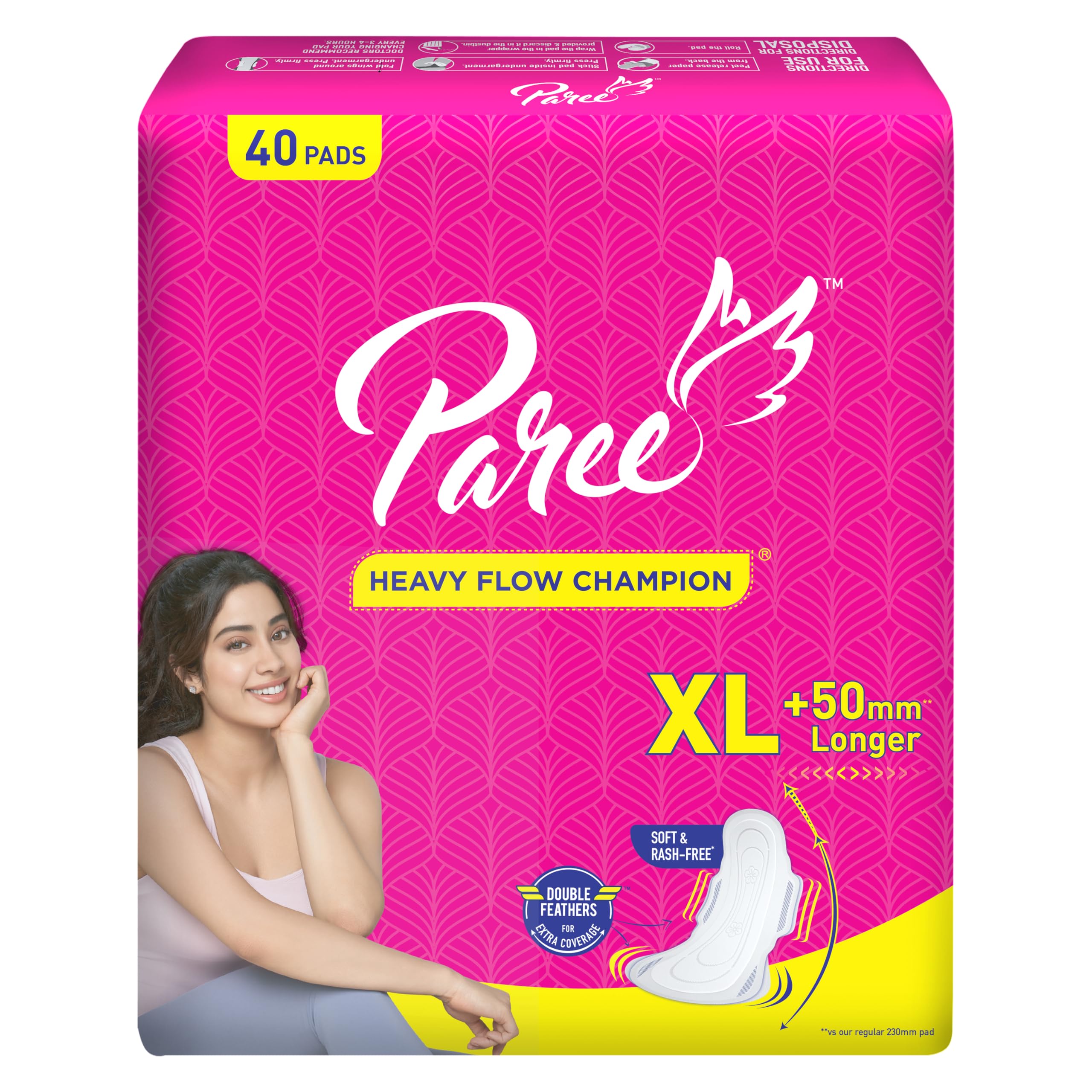 Paree Soft & Rash Free Sanitary Pads for Women|XL- 40 Pads|Quick Absorption|Heavy Flow Champion|Double Feathers for Extra Coverage|Gentle Fragrance|Leakage-Proof|Skin Friendly