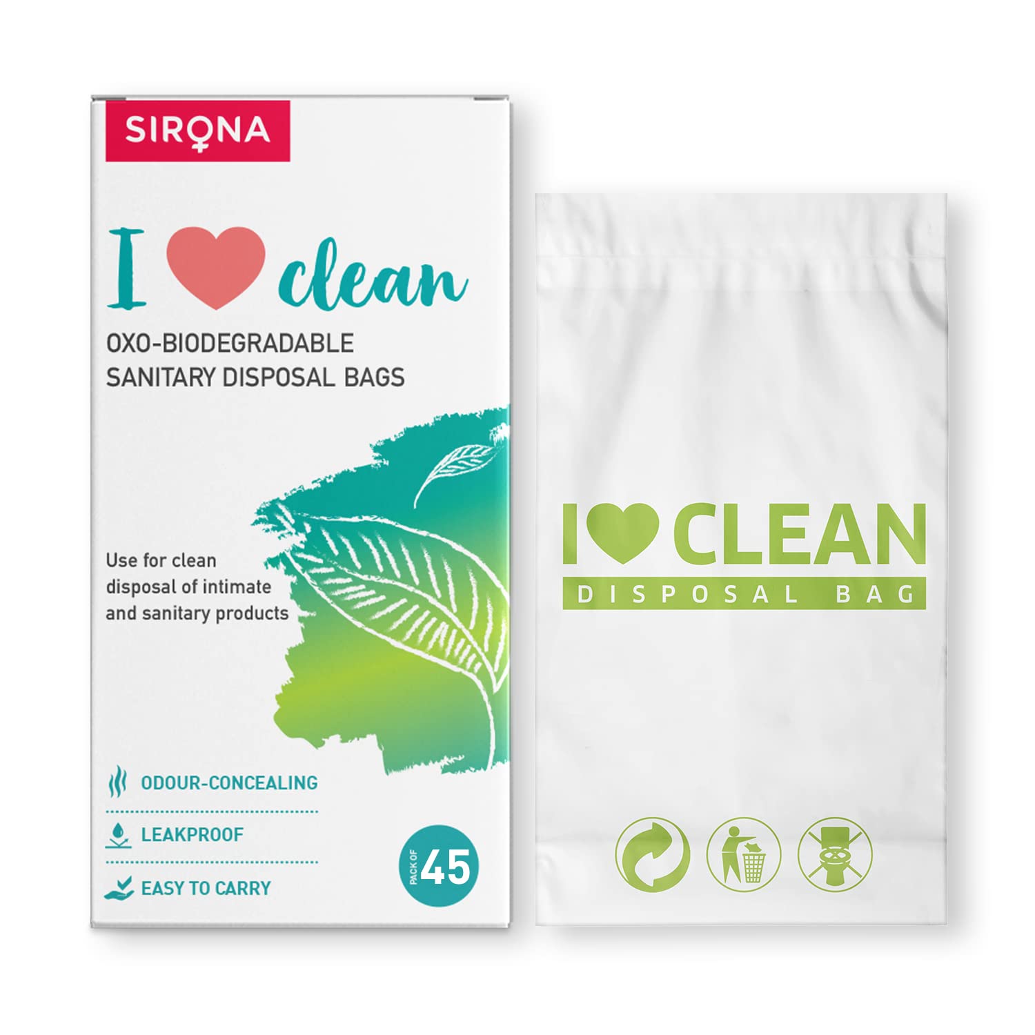 Sirona Sanitary Disposal Bags | 45 Bags | Pad Disposable Bags for Discreet Disposal of Tampons, Condoms, Sanitary Pads, Panty Liner & Personal Hygiene Waste (Green)