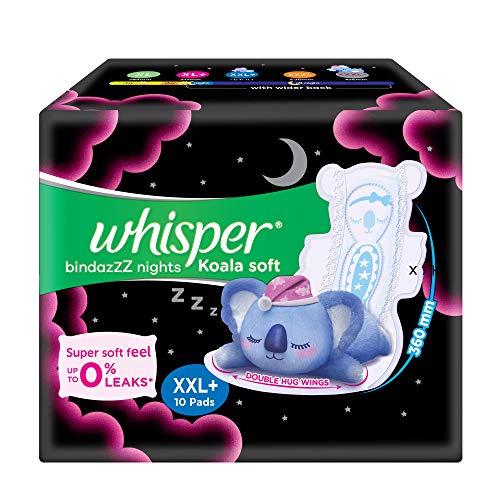 Whisper Bindazzz Night Koala Soft Sanitary Pads|Pack of 8 Pads|XXXL+|upto 0% Leaks|85% Longer & wider back|Super Soft topsheet|Double hug wings|Irritation free|42.5 cm Long|With disposable wrap
