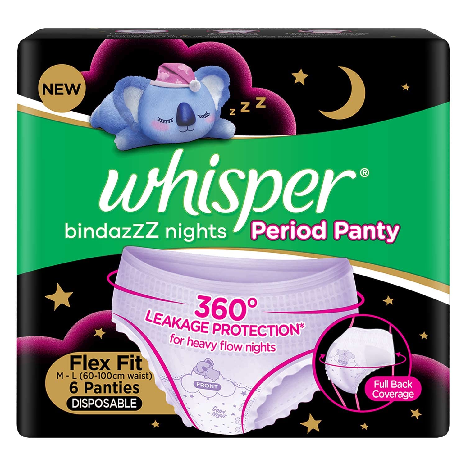 Whisper Bindazzz Night Period Panty|6 M-L Panties|upto 0% Leaks|360 degree leakage protection|Full back coverage|Suitable for Heavy Flow|Flex fit|Soft & comfortable|With disposable wrap
