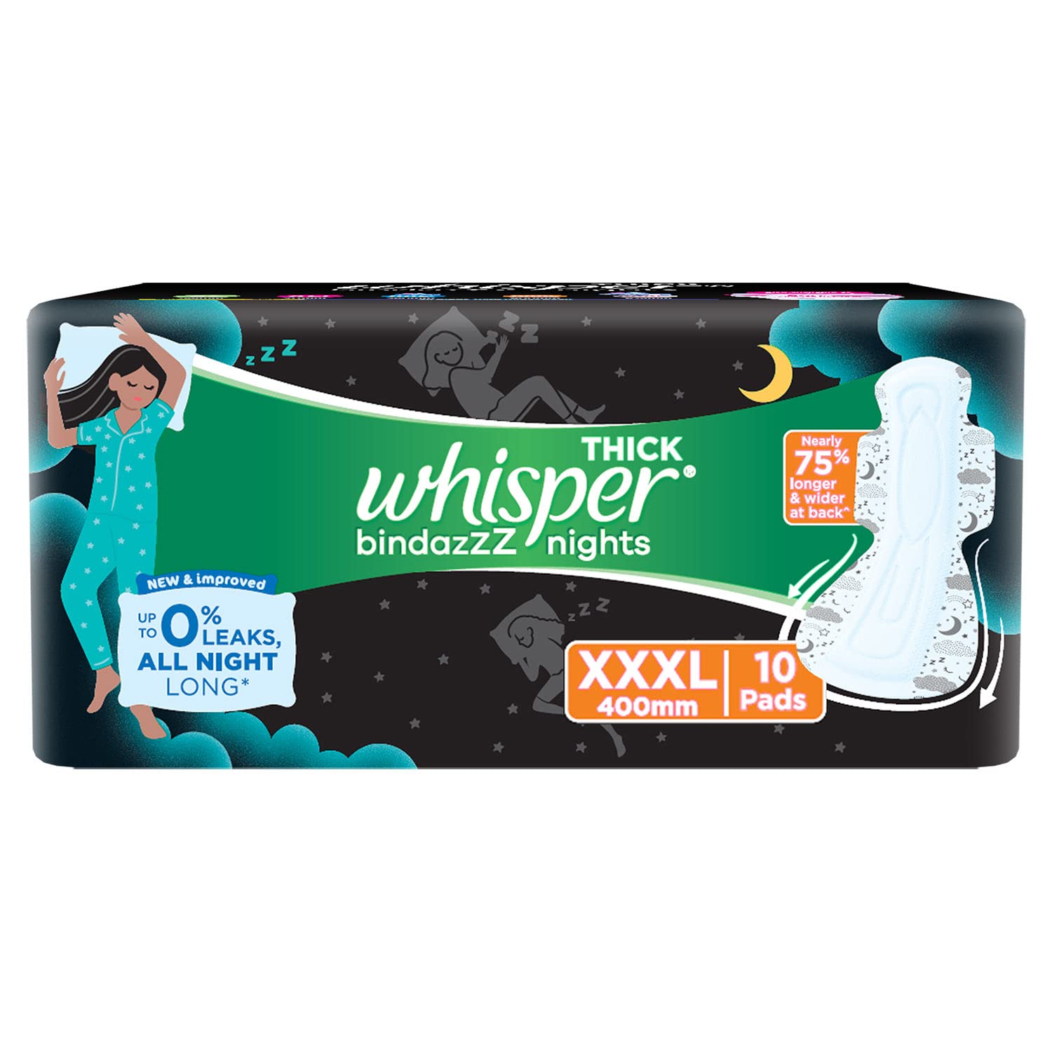 Whisper Bindazzz Night Sanitary Pads For Women, XXX-Large Pack of 10 Napkins