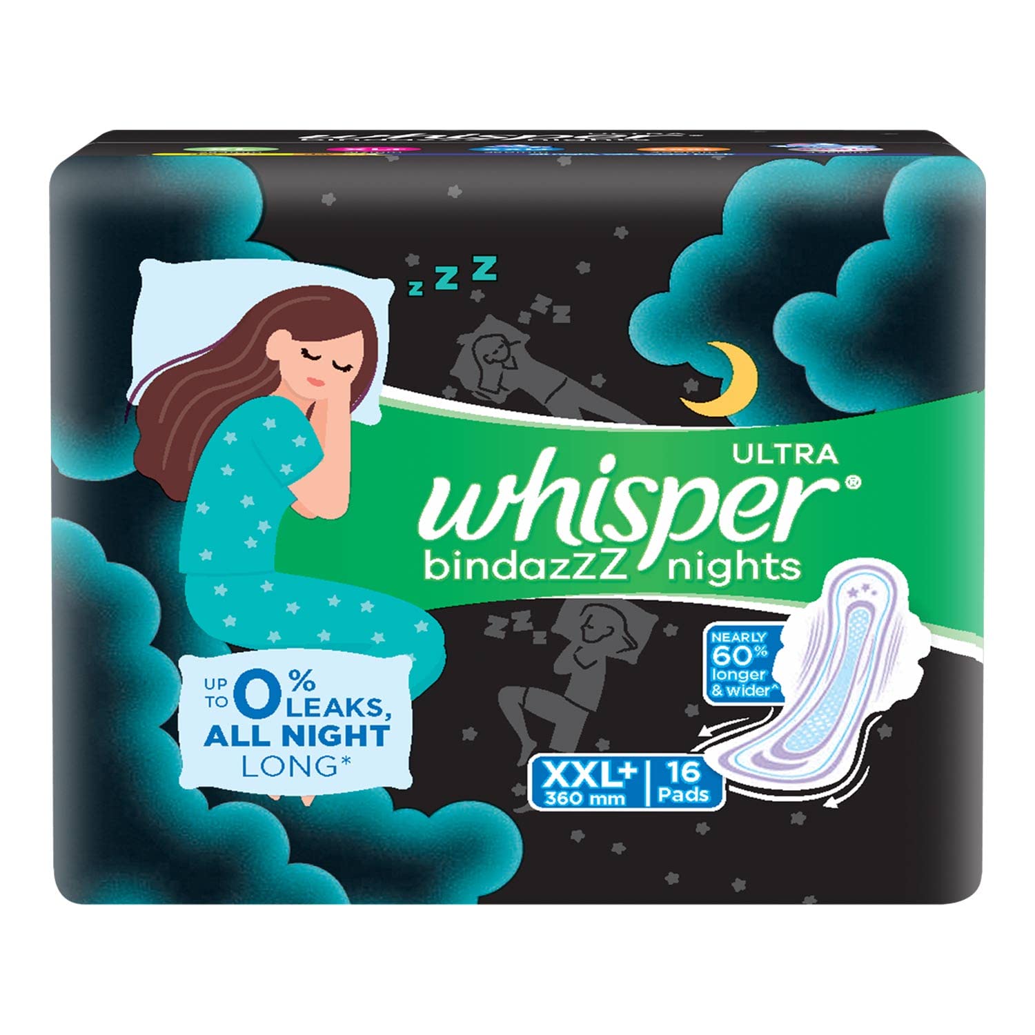 Whisper Bindazzz Night Sanitary Pads|Pack of 16 thin Pads|XXL+|upto 0% Leaks|60% Longer & Wider back|Dry top sheet|Long lasting coverage|Faster absorption|36 cm Long|With disposable wrap