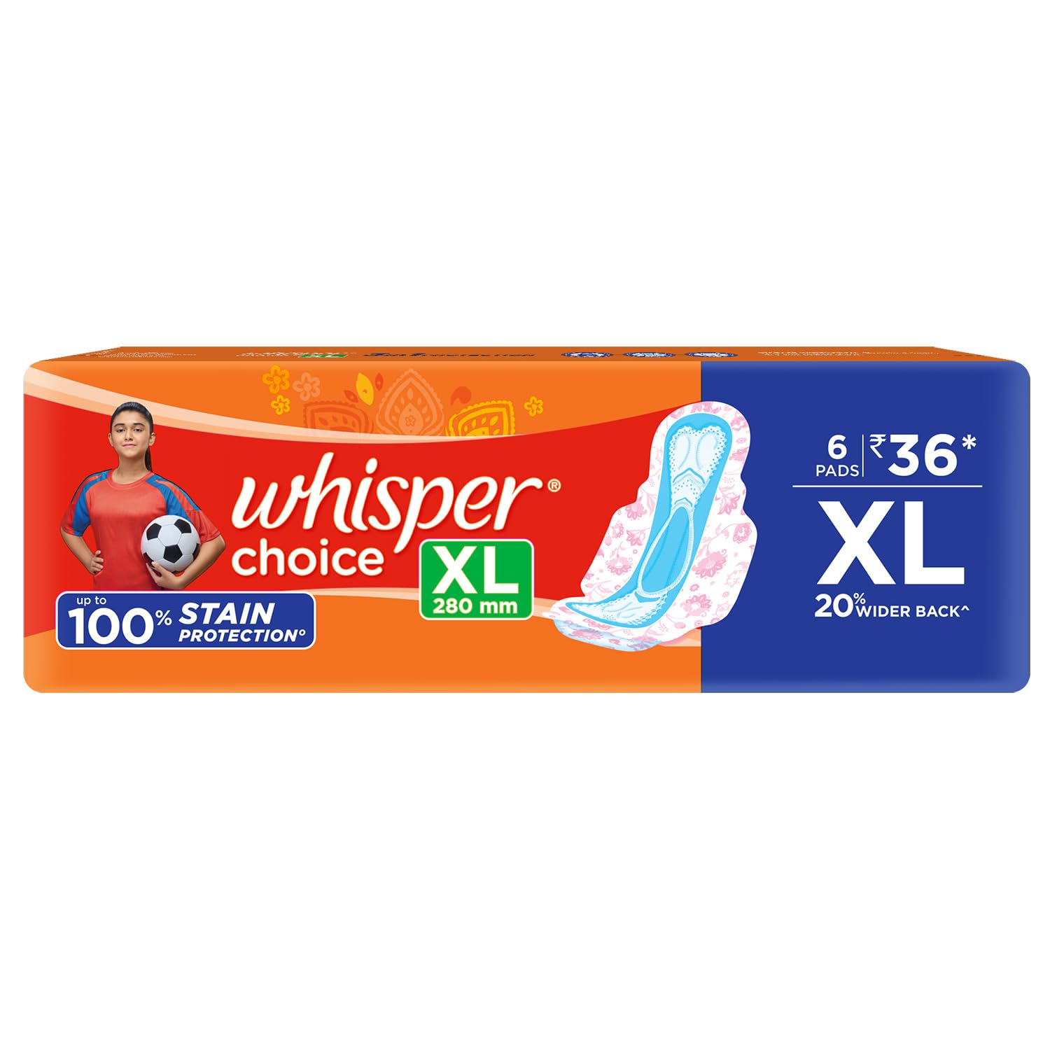 Whisper Choice Sanitary Pads for Women, XL, 6 Napkins