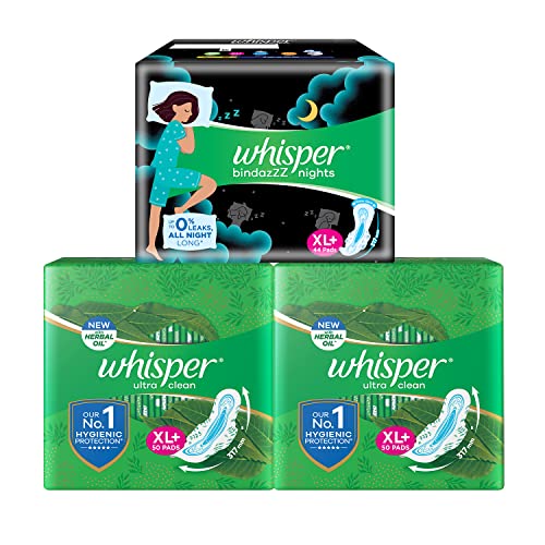 Whisper Day & Night Sanitary Pads|Pack of 144 thin Pads|100 Day + 44 Night pads|Complete period protection|50 Ultra Clean XL+ Pads with 44 Bindazzz Night XL+ Pads|Dry topsheet|With disposable wrap