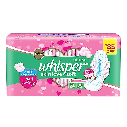 Whisper Ultra Skinlove Soft Sanitary Pads for Women|50 thin Pads|XL|Cottony soft|our #1 Softness|Soft top sheet|Irritation free |28.4 cm Long|With disposable wrap