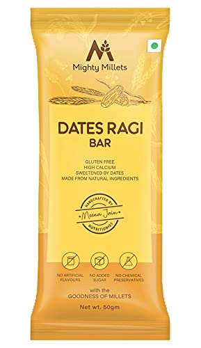 Mighty MilletsÂ® Dates Ragi Bars, Dates Ragi Bar for Adult and Kids 50grams Each (Dates Ragi Bar, Vegan and Gluten Free Bars, Jaggery, Flax Seeds, Muskmelon Seeds, etc) | Pack of 10