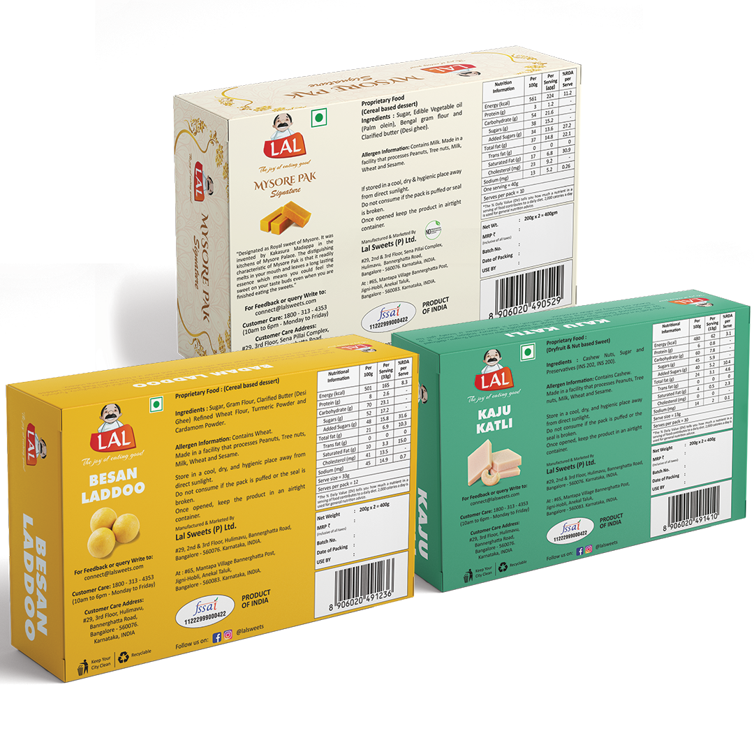 Mysore pak signature 400g, Besan laddoo 400g and Kaju katli 400g