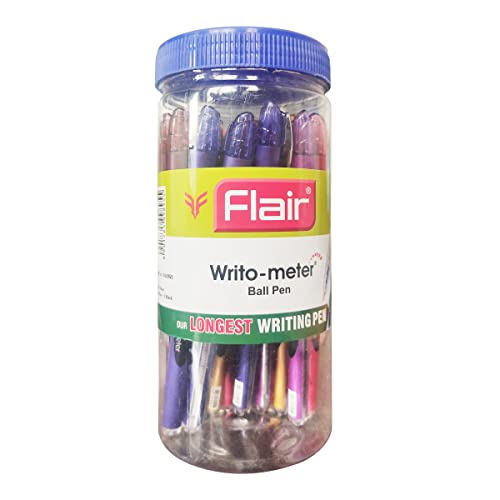 FLAIR Writometer Ball Pen Jar Pack - Stainless Steel Tip - Our Longest Writing Pens - Writes Upto 1,200 Meters - Ensures Smoothness & Durability - Blue & Black Ink, Set Of 20 Pens
