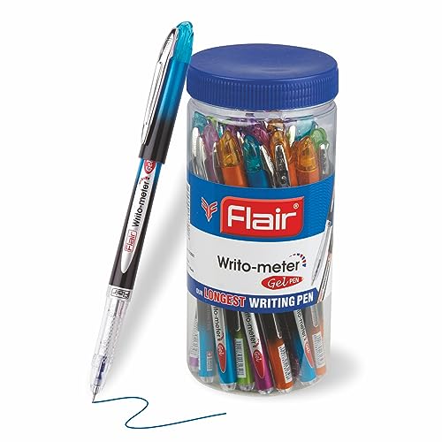 FLAIR Writometer Gel Pen Jar Pack - Stainless Steel Tip - Our Longest Writing Pens - Writes Upto 1,200 Meters - Ensures Smoothness & Durability - Blue & Black Ink, Set Of 20 Pens