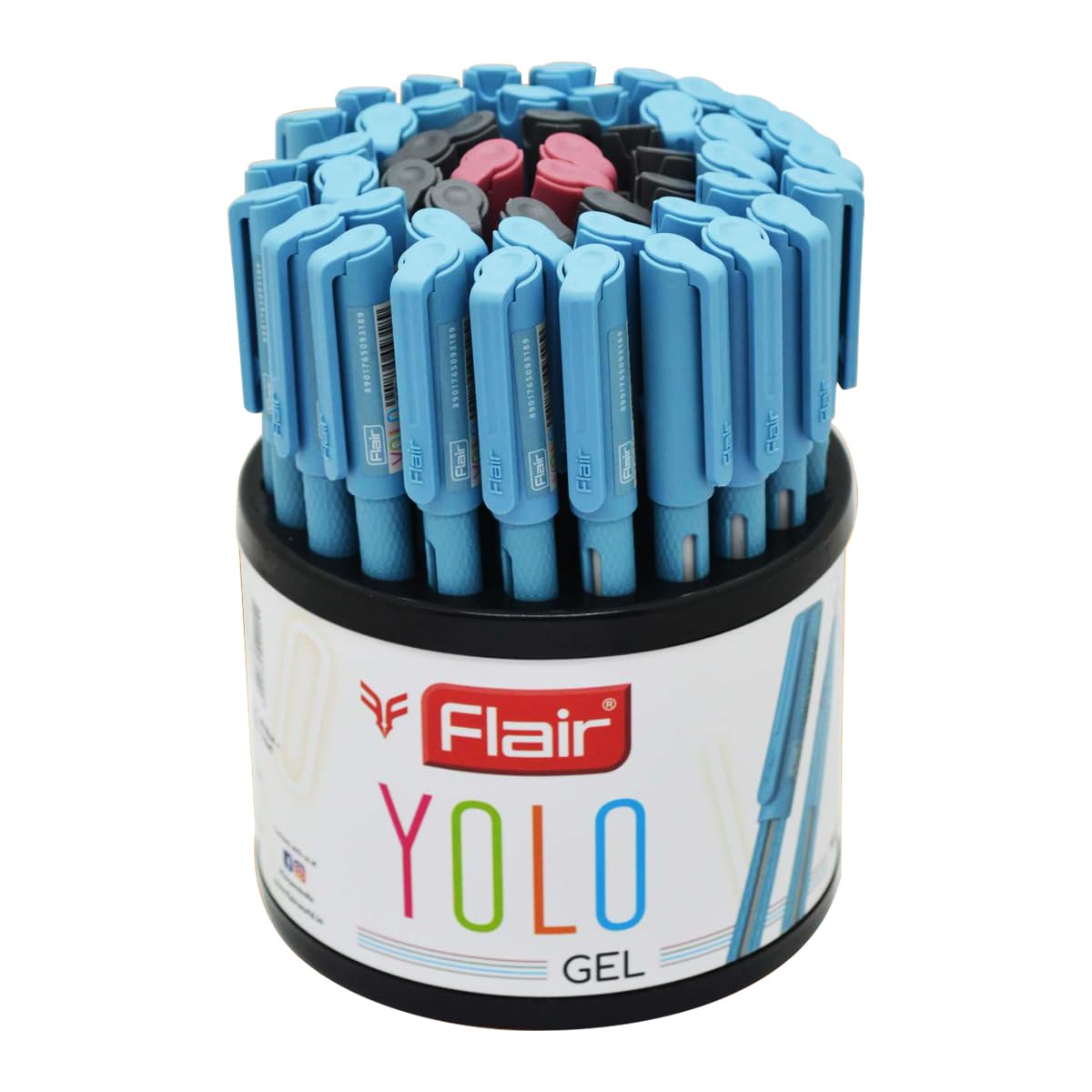 FLAIR Yolo Gel Pen Stand - Waterproof Gel Ink With Stylish Pocketable Clip - Attrpublished  Body Color & Design - Smudge Free & Non-Stop Writing - Blue, Black & Red Ink, Pack of 50 Pens