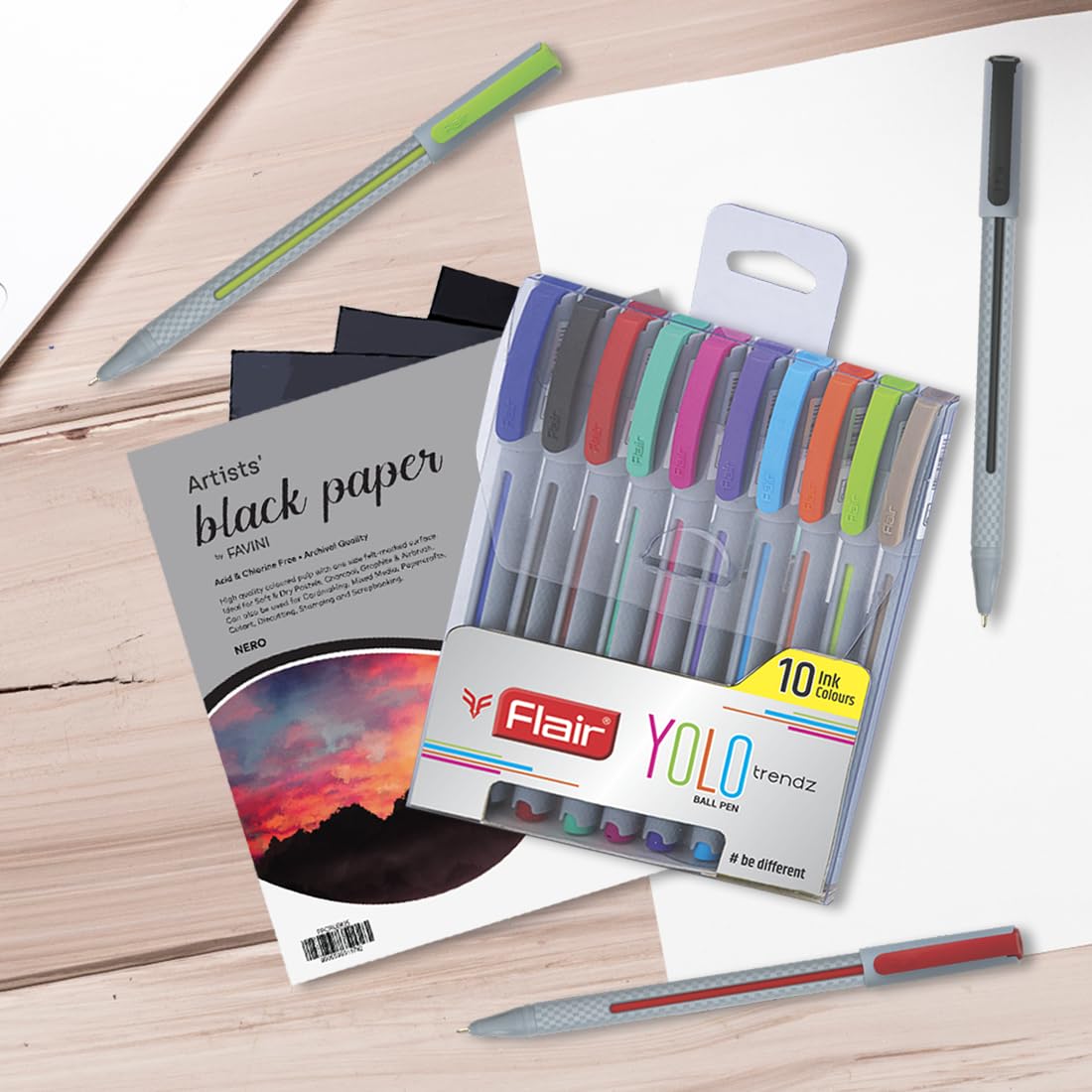 Flair 0.6mm Yolo Trendz Ball Pen 10 Pcs With 6X6 Colorissimi Paper Combo Pack