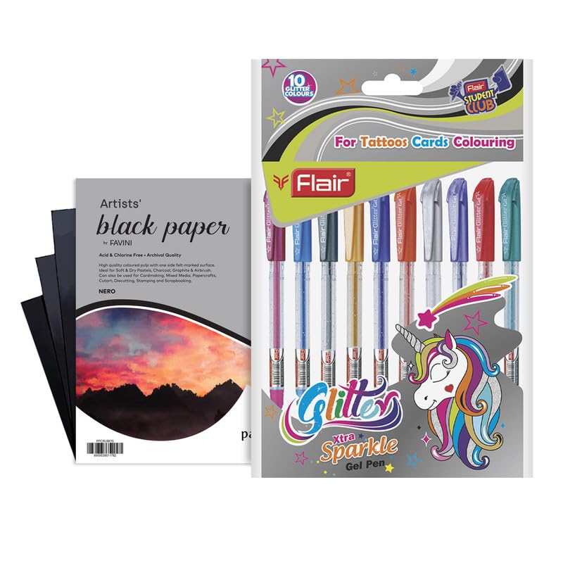 Flair 1 mm Glitter Sparkle Gel Pen 10 Pcs With 6x6 Colorissimi Paper Combo Pack