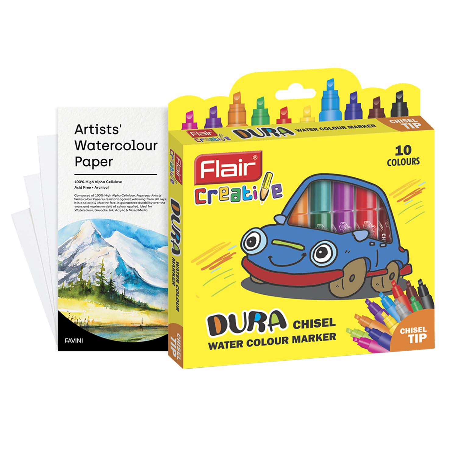 Flair Creative Dura Chisel Water Colour Pen With 6x6 Watercolor Paper Combo Pack Bianco,White