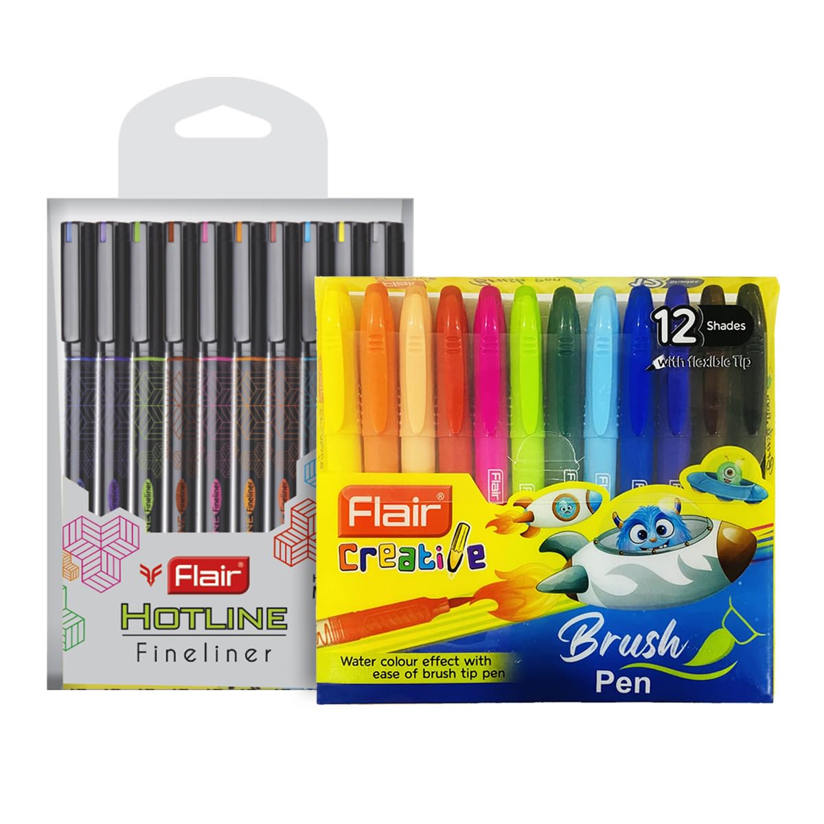 Flair Creative Series 10 Vibrant Colorful Shades Hotline Fineliner & 12 Bright Multicolor Shades Brush Pen Art Combo Pack