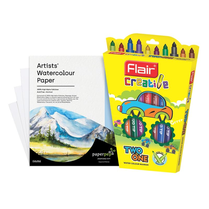 Flair Creative Series 2 in 1 Watercolor Pen, Dual Tip Bold & Fine, 10 Multicolour shades With Watercolor Paper Combo Pack Bianco White