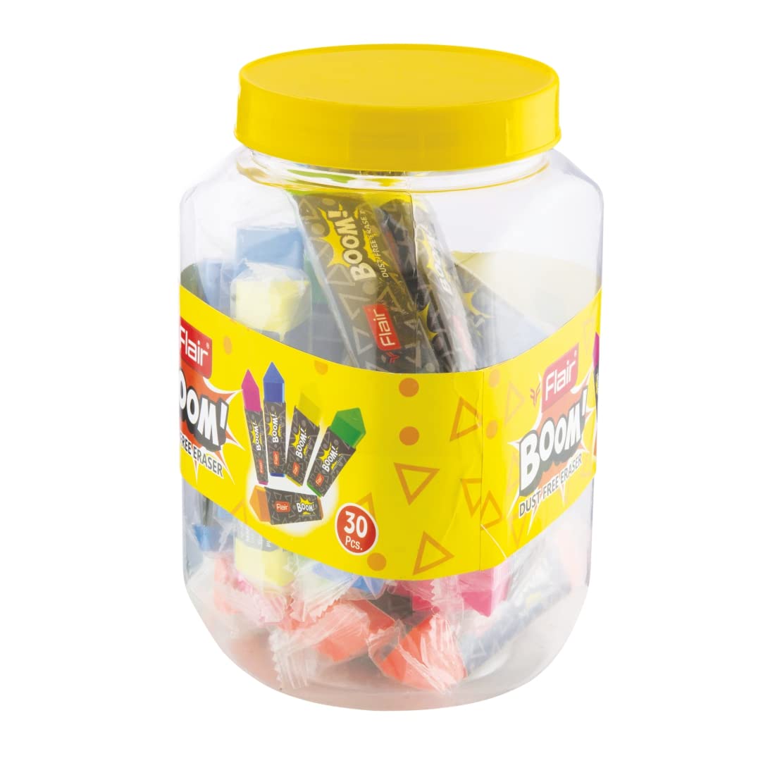 Flair Creative Series Colourful Boom Eraser Jar Pack - Neat & Dust Free Erasing - Triangle Shape for Easy to Grip - Non-Toxic & Safe for Childrens - Pack of 30