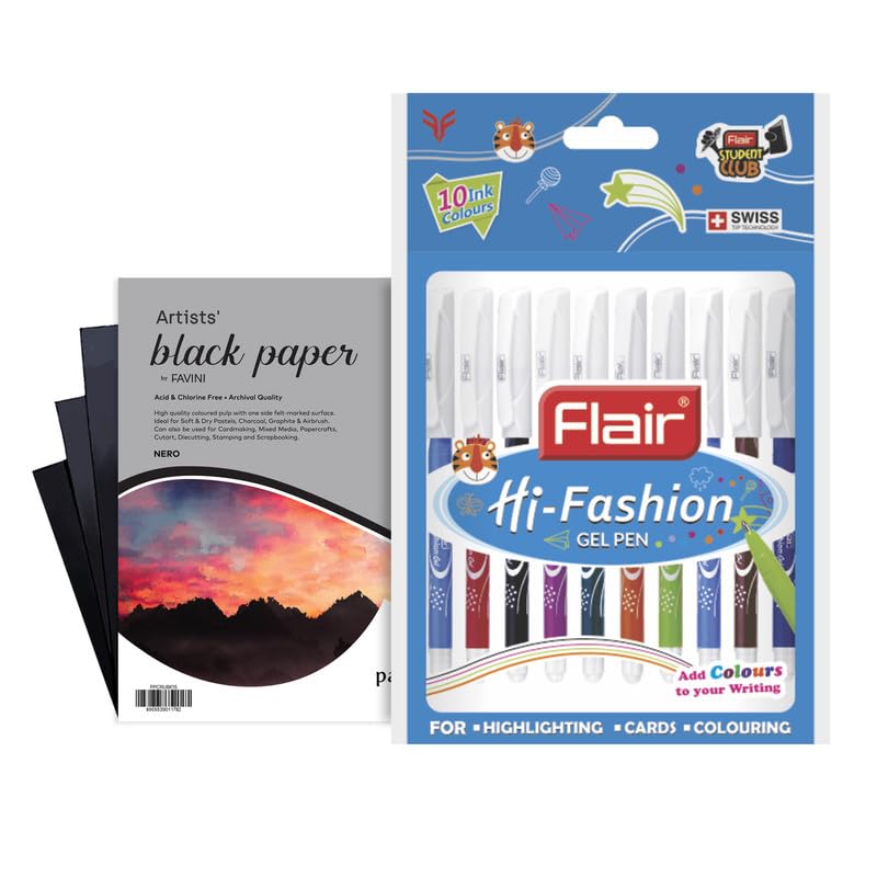 Flair Hi-Fashion Colored Gel Pen 10 Pcs With 6x6 Colorissimi Paper Combo Pack