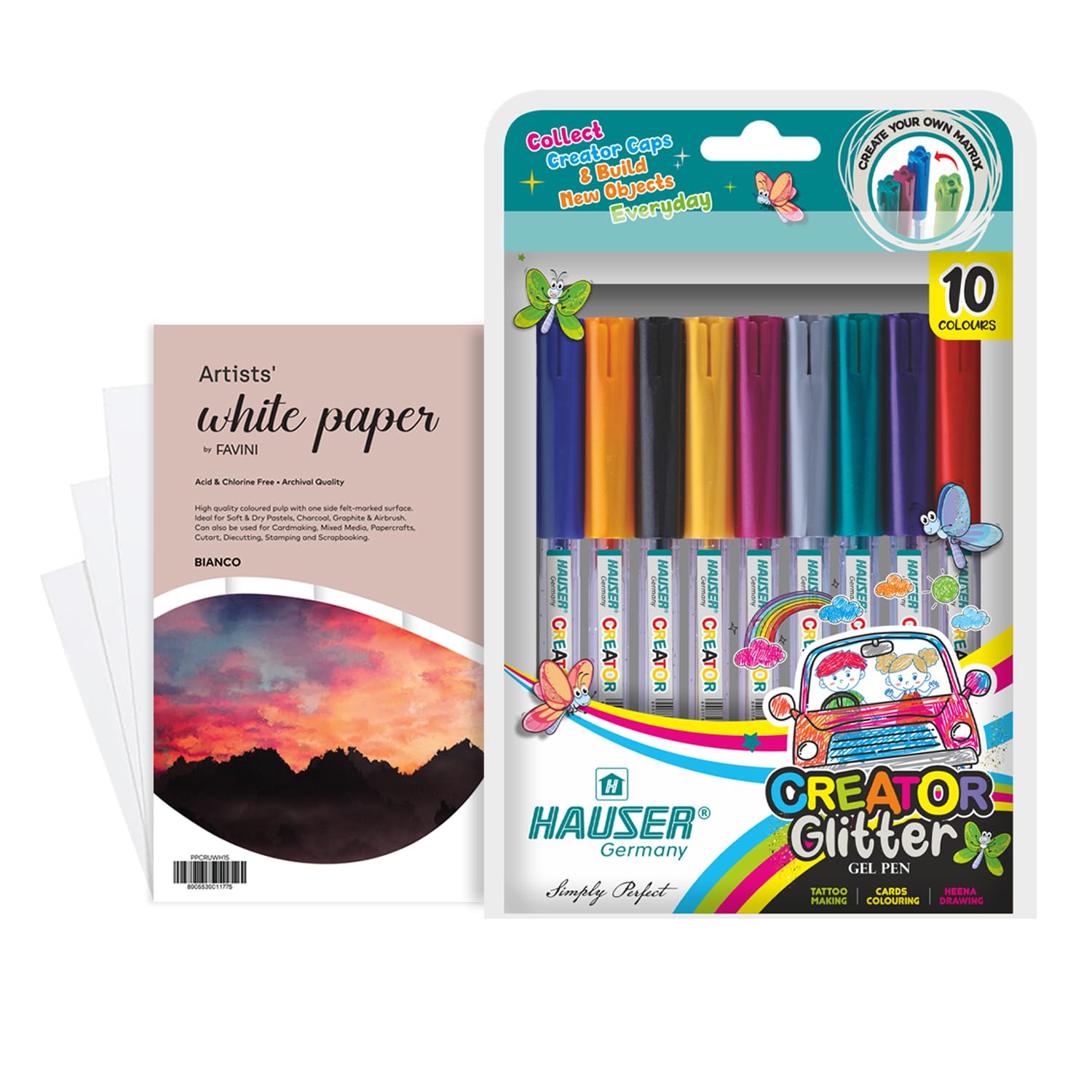 Hauser Creator Glitter Gel Pen With 6X6 Inches Colorissimi Paper Combo Pack
