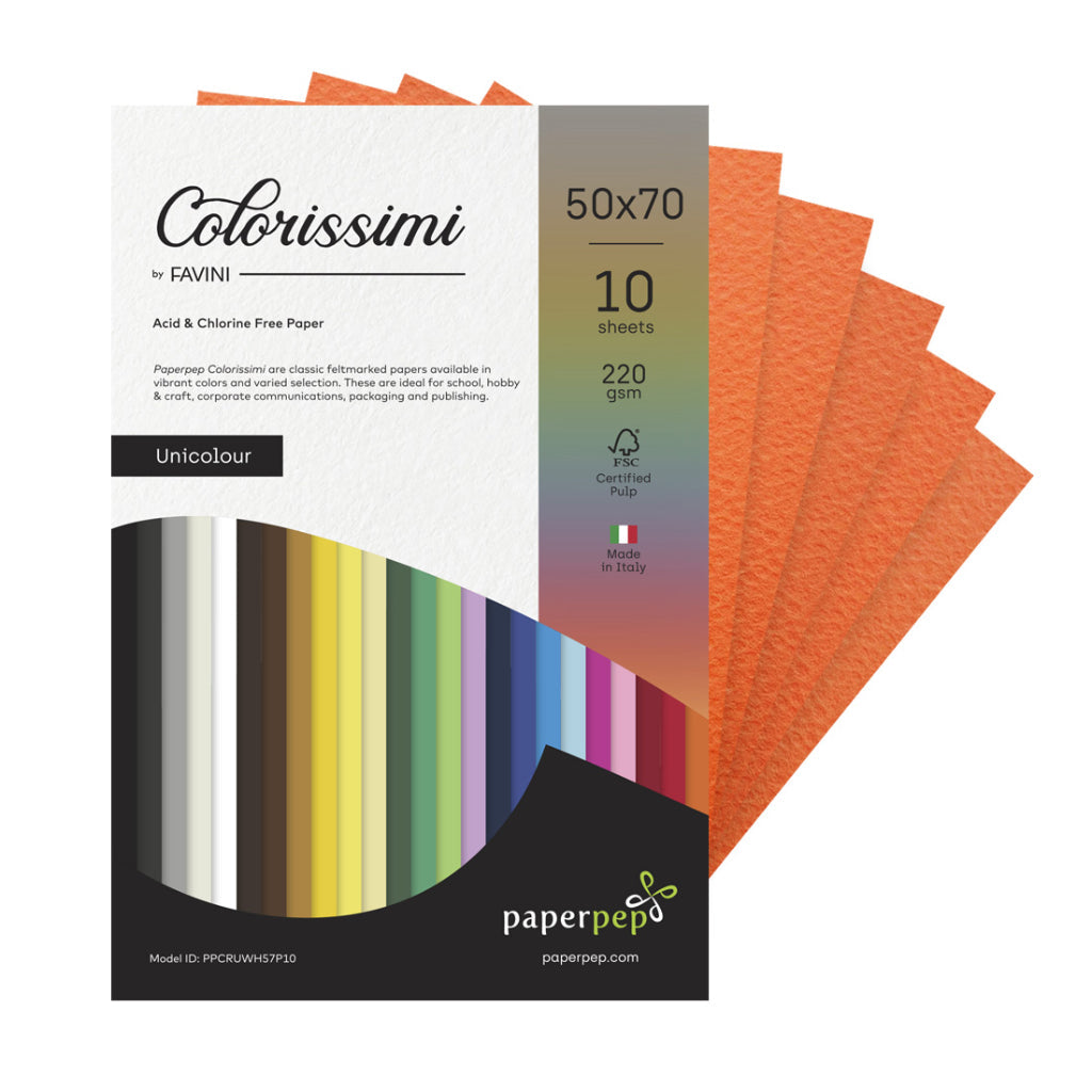Paper Pep Colorissimi Card Stock 220GSM 50X70CM Mandarino (Orange) Unicolor of 10 Sheets