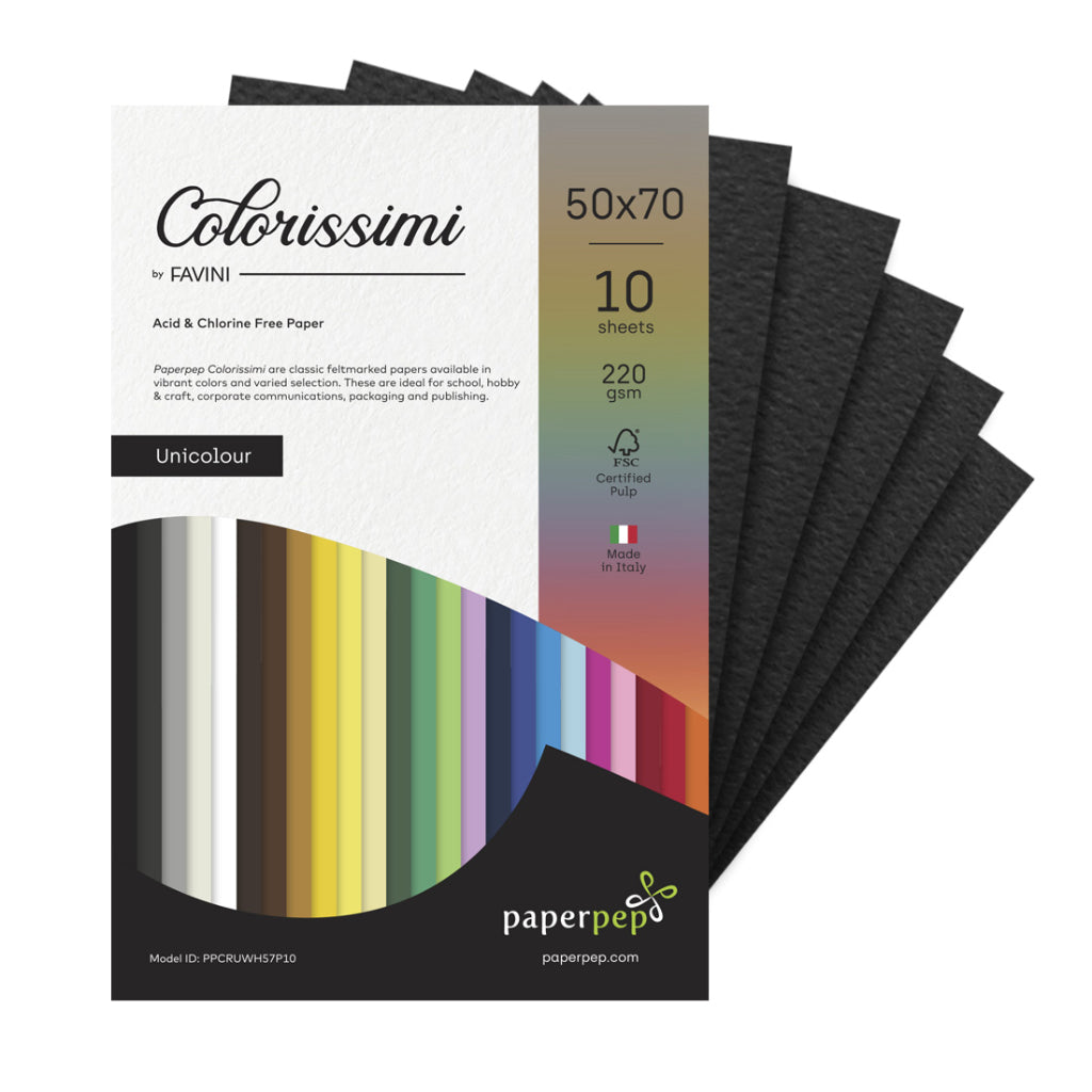Paper Pep Colorissimi Card Stock 220GSM 50X70CM Nero (Black) Unicolor of 10 Sheets