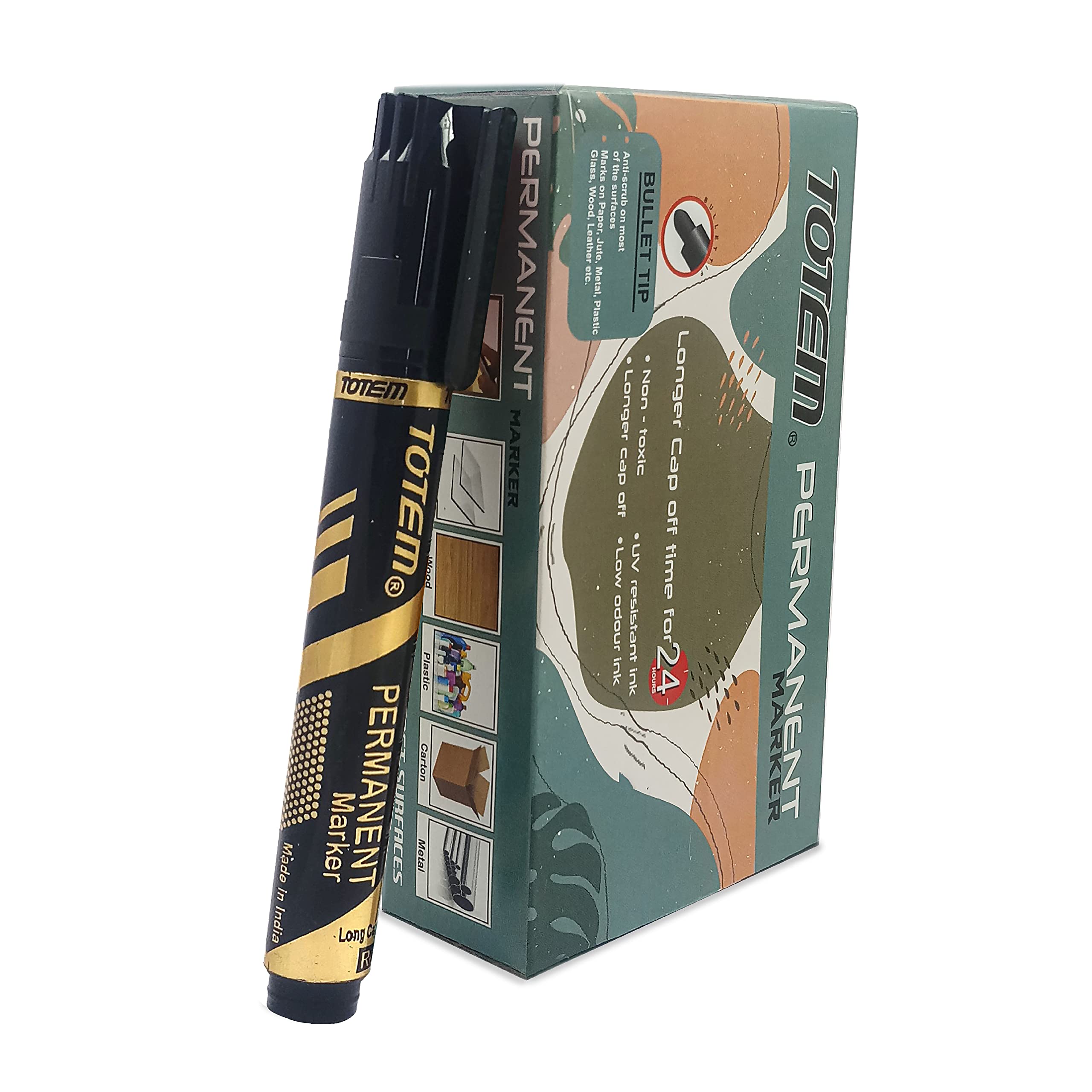 TOTEM Permanent Marker | 10 Black Ink Markers | Bullet Tip for Bold Writing | Suitable for Multiple Surfaces | Stationery Items | Students and Office Uses